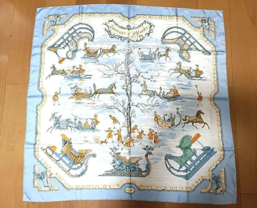 HERMES カレ90 Traineaux et Glissades Hermes Silk Scarf Traineaux et Glissades Blue/White 90cm Used | eBay