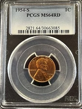 1954 S LINCOLN WHEAT CENT 1C PCGS MS64RD RED