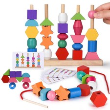 Montessori Bead Sequencing Toy Set Wooden Stacking Blocks Lacing Beads Matc