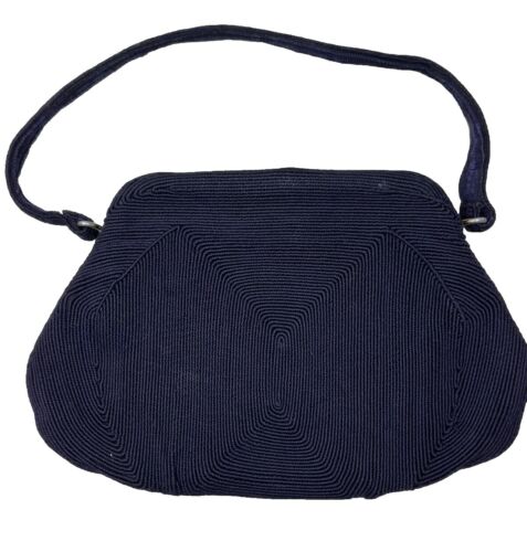 VTG MARDANE 1940’s Black Corde Kiss Clam Pocket Rayon 15” Handle Handbag - Picture 3 of 5