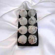Winter Wonder Lane Glass Ornaments White Feather Silver Sequin Glitter 8 READ