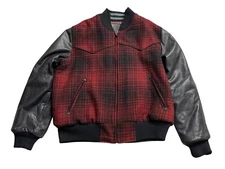 VTG Golden Bear Buffalo Plaid Western Mens L Leather Wool Jacket