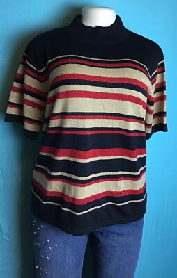Pull Léger Manches Courtes Croft & Barrow Femme Taille M - Couleur Noir, Or Et Rouge, Style Décontracté