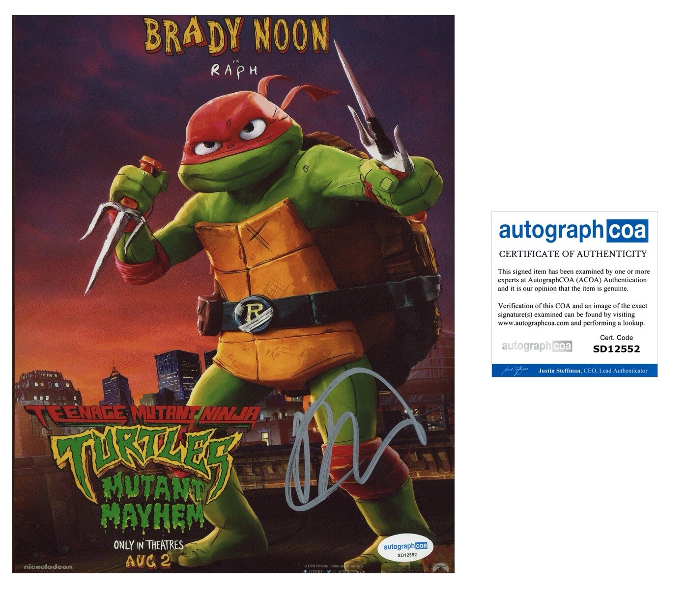 Brady Noon ‘Teenage Mutant Ninja Turtles’ Signed 8x10 Photo ‘Raphael’ ACOA TMNT