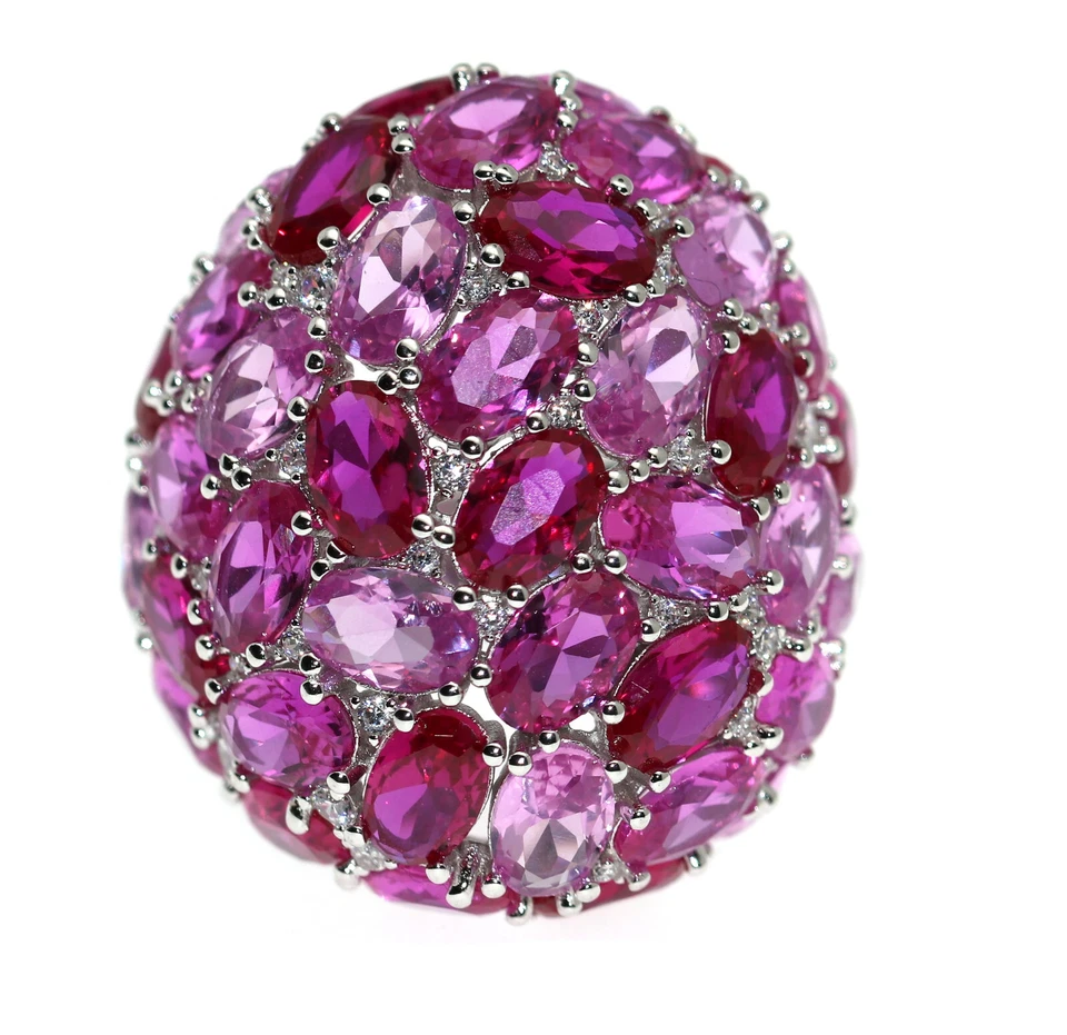maestoso anello vero argento 925 ovale zirconi rosa magenta regolabile elegante - Immagine 3 di 4