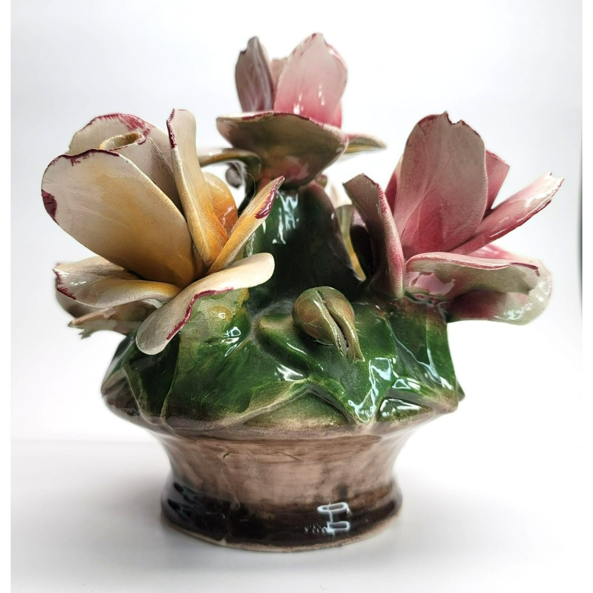 Demain ITALY import 花瓶 8123/35 Vintage Capodimonte Italian Ceramic Flowers in Base Pink and