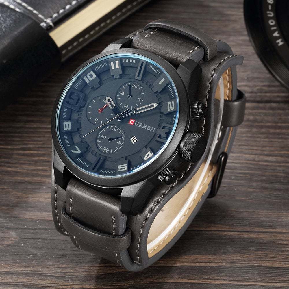 Montre militaire sport homme Curren en cuir noir et quartz avec date