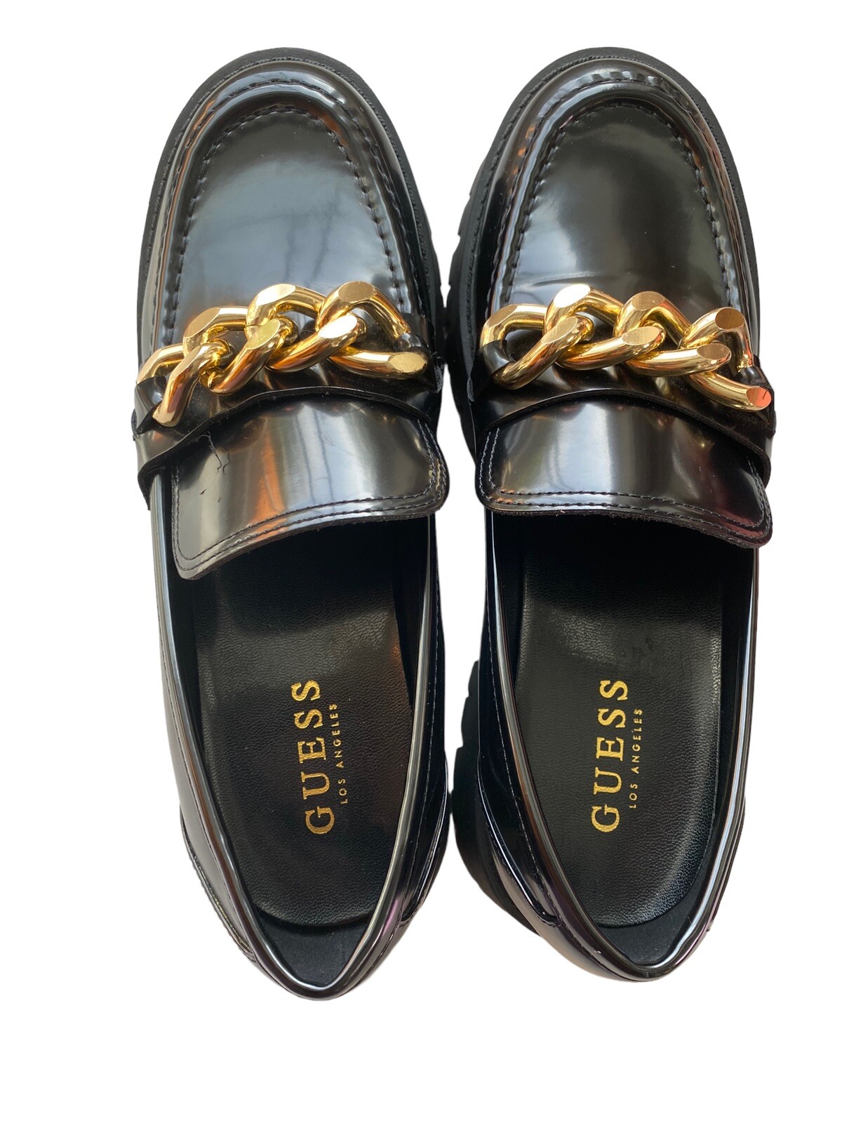 SAOLA Mocassini donna Guess grossi in pelle patten suola a strappo con catena oro taglia 9