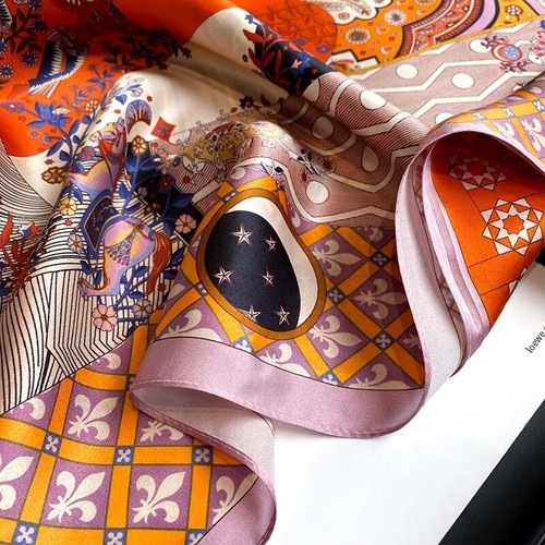 100% Mulberry Silk Square Scarf Women Neckerchief Wrap Orange Pink Flower 68*68 - Picture 4 of 9