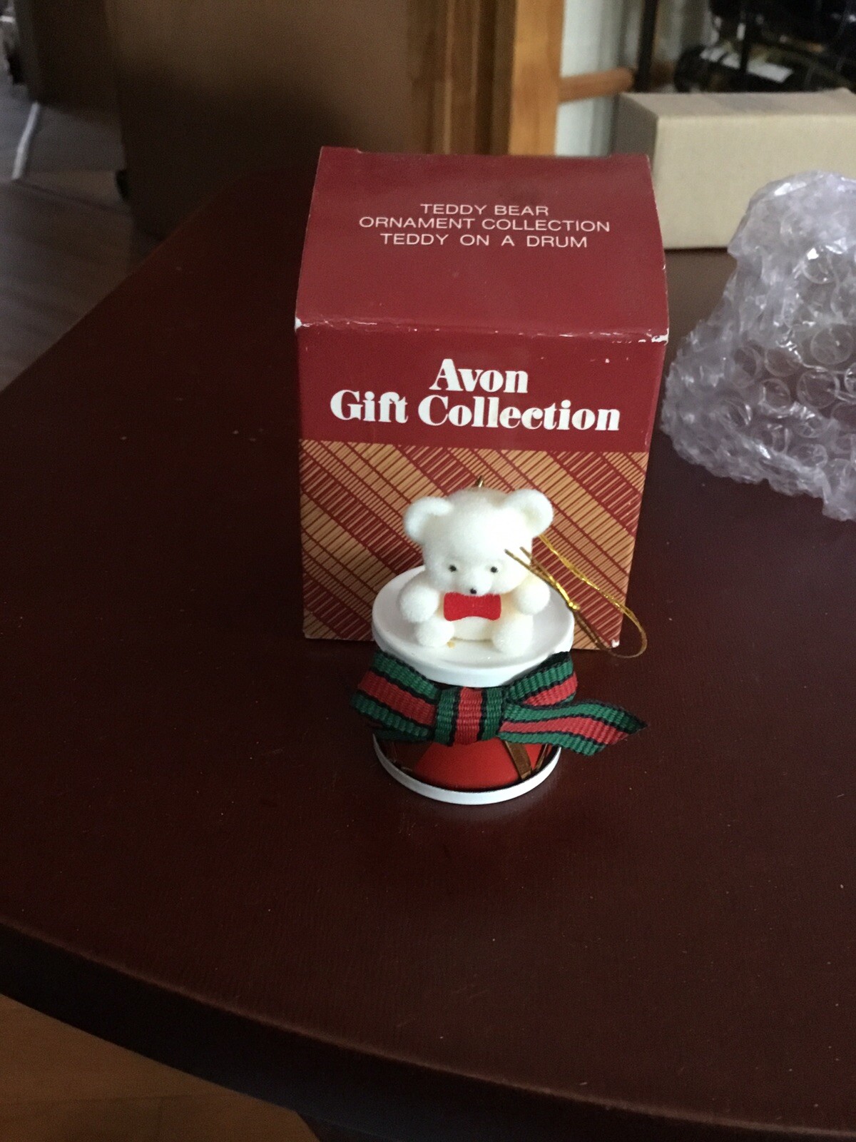 Vintage Avon Teddy Bear Ornament Collection Teddy On A Drum, In Box