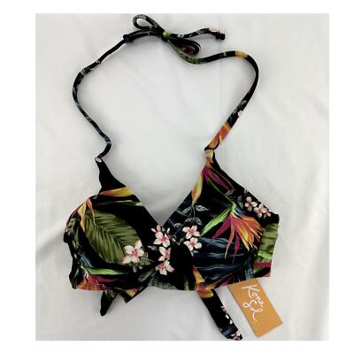 Kona Sol Womens  Bikini Top Halter Black Floral Tropical Print Size S (4-6) NWT