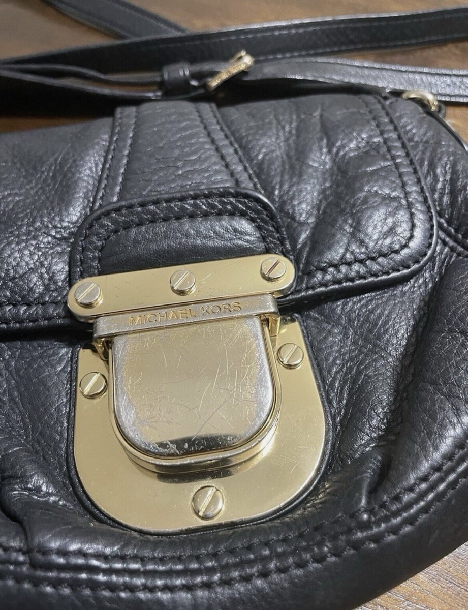 MICHAEL KORS Black Leather CHARLTON Small Crossbody Bag PURSE Gold