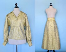 Vintage 60s Gold Brocade Skirt Set, 1960s Floor Length Skirt and Jacket Set