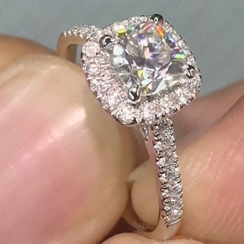 1.84 TCW Cushion Cut Moissanite Halo Engagement Ring In 14k White Gold Plated - Picture 3 of 10