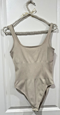 OQQ Beige Ribbed Shapewear Bodysuit   Sculpting One Piece Tank Style, Size M