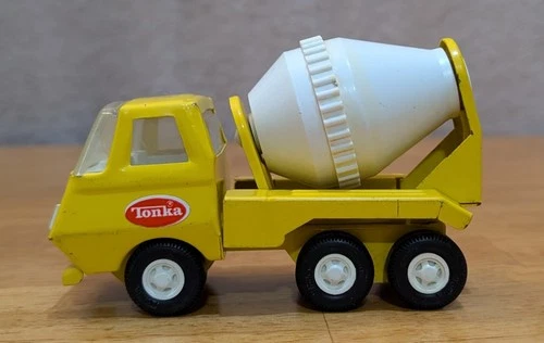Vintage Mini Tonka Pressed Steel Tilting Cement Mixer Truck - Yellow - 5" Long