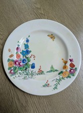 Crown Staffordshire bone china side plates 7 1/8" Hollyhocks butterfly stunning 
