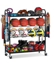 Garage Sports Equipment Organizer - Rolling Ball Storage Bin with Wheels, Black
