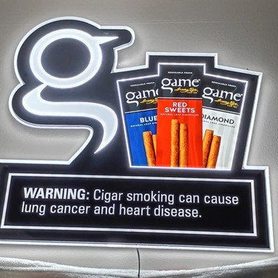 Game Cigarillos LED Lighted Wall Sign Display w/ Smoking Warning Message