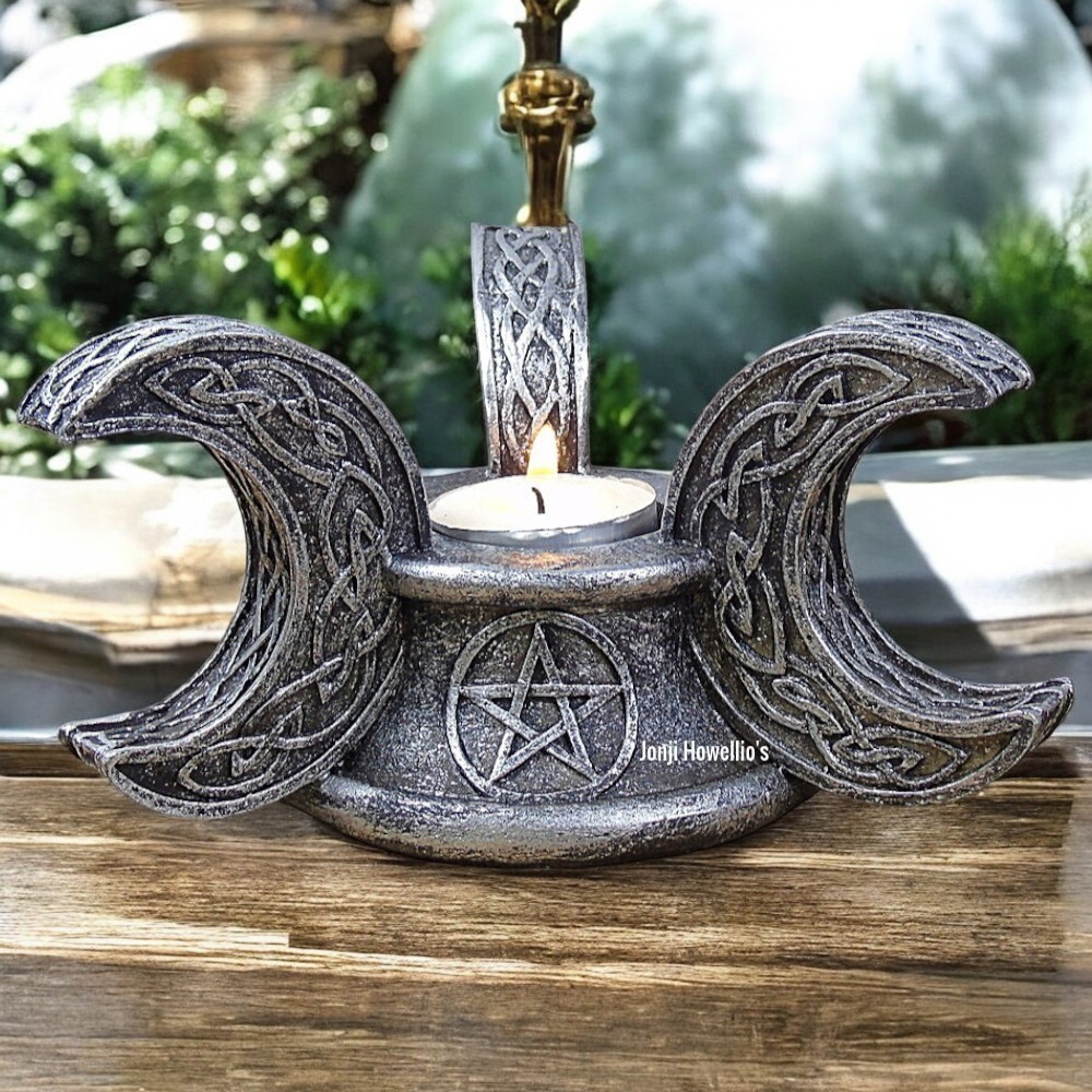 Silver Pentagram Candle Holder Gothic Ornament Triple Moon Pagan Wiccan Decor