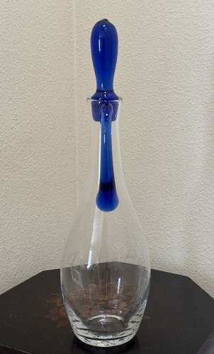 Vintage mundgeblasene Glaskaraffe Kobaltblau Träne Stopfen Griff geätzte Vase 15" - Bild 4 von 24