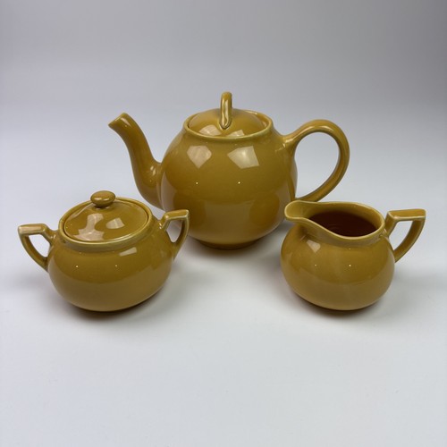 Vintage Hall Lipton's 3 Pc Tea Pot Set W/ Teapot, Creamer, Sugar Bowl Yellow
