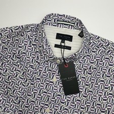 NEW Ted Baker Shirt Mens Sz 2 Small Short Sleeve Cotton Stretch Geometric Lilac