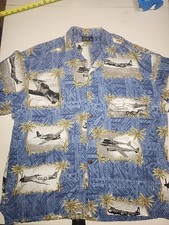 Hawaiian Aloha Shirt Blue US World War 2 Planes Tiki Size XL Coco Buttons