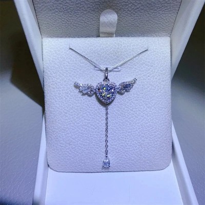 2CT Lab Created Diamond Women Angel Wing Pendant Necklaces 14K White Gold Plated