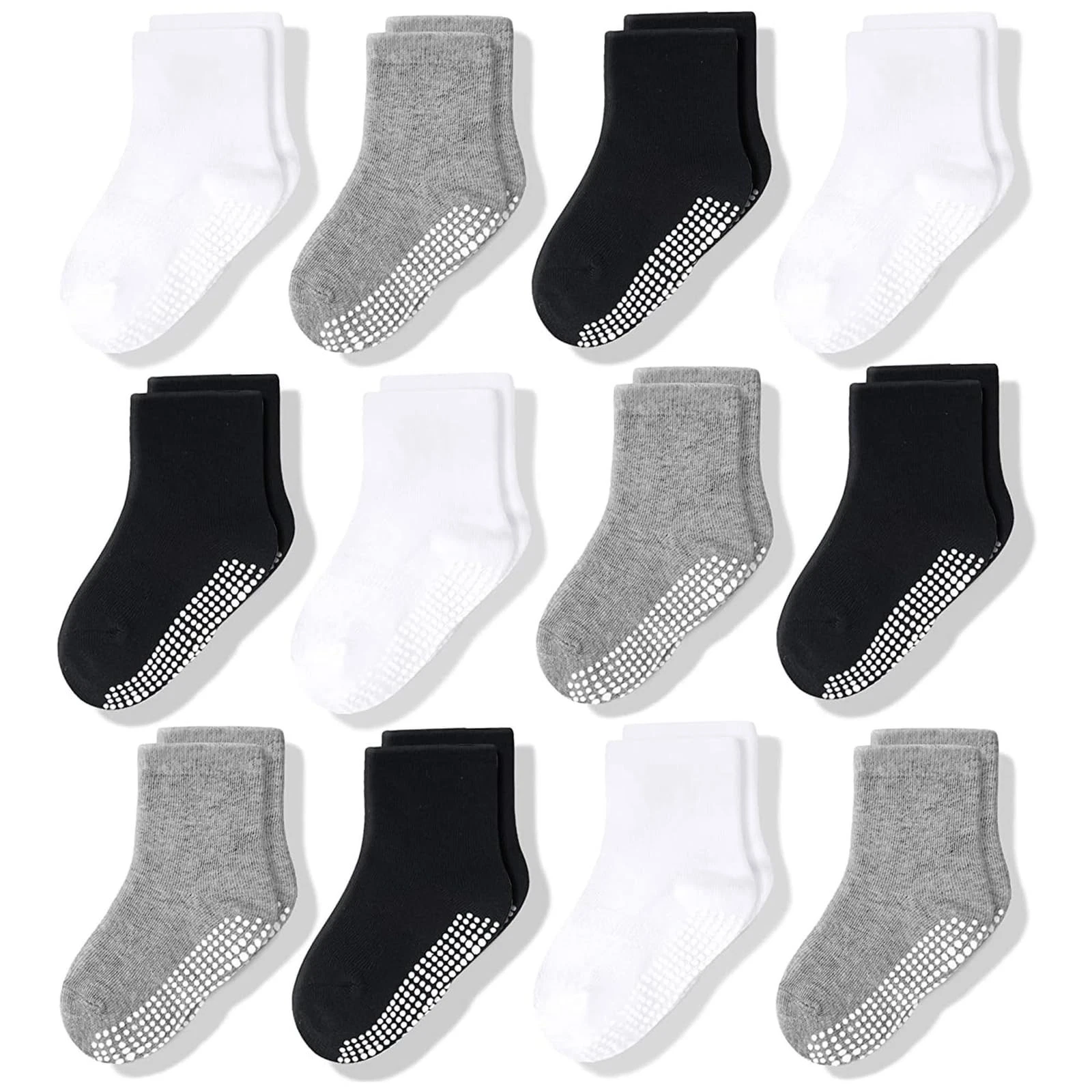 CozyWay Toddler Grip Socks - Soft Cotton Comfort & 3-5T, Black White Gray