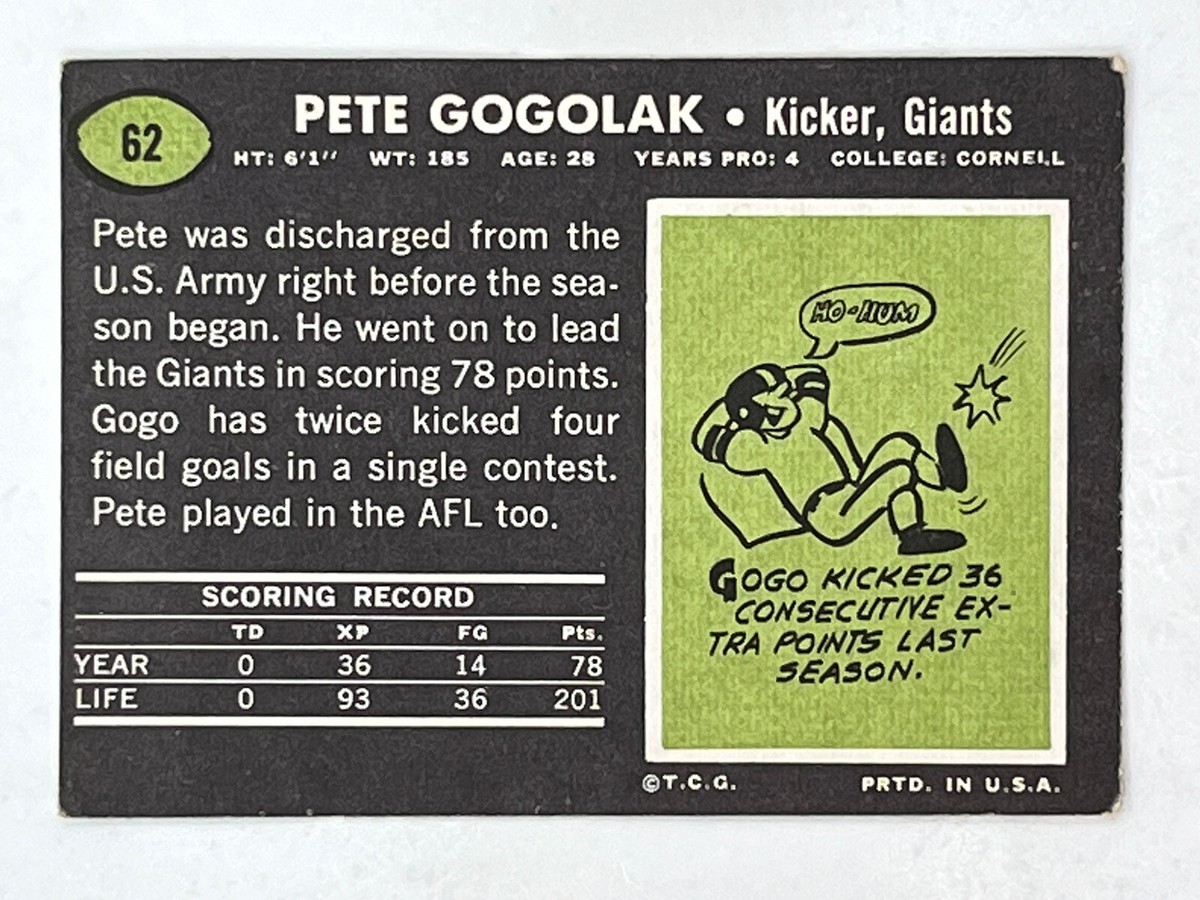 Pete Gogolak 1969 Topps #62 Sports NFL New York Giants Vintage