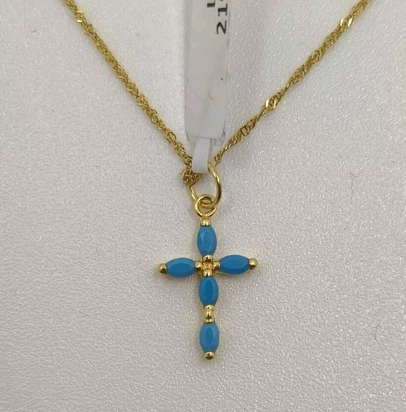 Colgante Y cadena Oro 18k 750 mls. Cruz Circonitas Color Turquesa 16,5 MM.