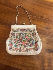 Vintage Floral Tapestry Petit Purse Beige Small Clasp Kiss Lock Golden Chain