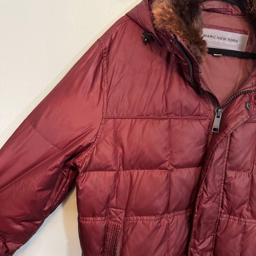 Andrew Marc NY Jacket Men's Large Red Puffer Fur Collar Hooded Down Waterfowl  - Picture 4 of 14