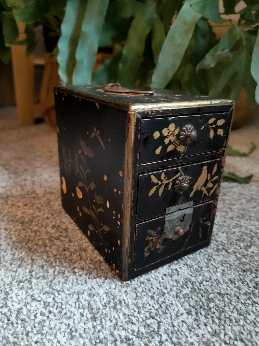 Antique Japanese Miniature 3-Drawer Lacquered Handpainted Jewelry