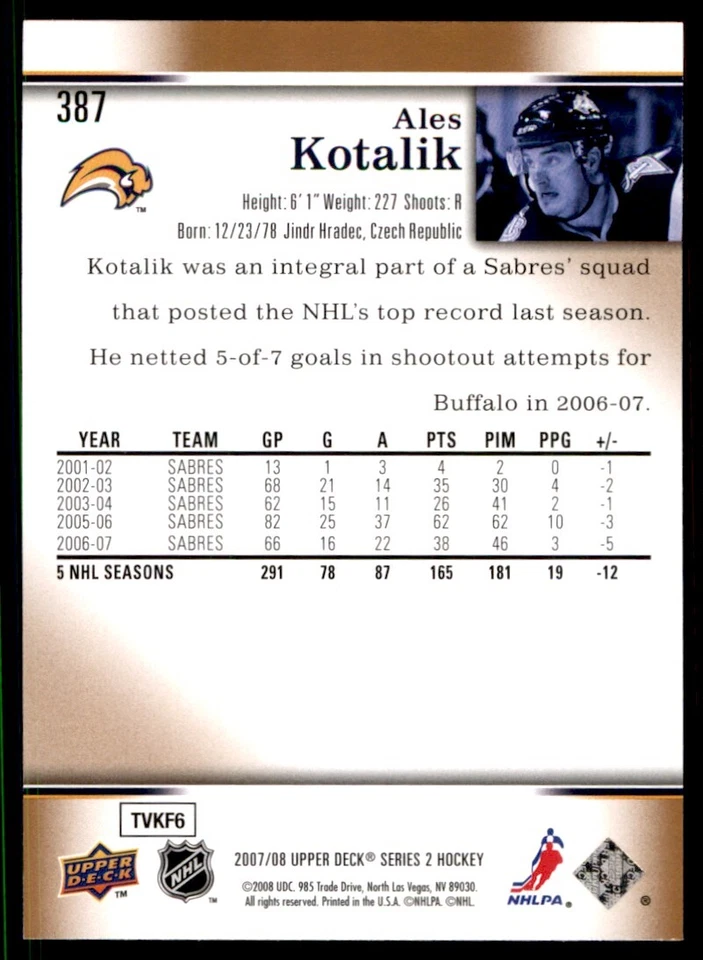 2007-08 Upper Deck Ales Kotalik Buffalo Sabres #387 - Image 2 of 2