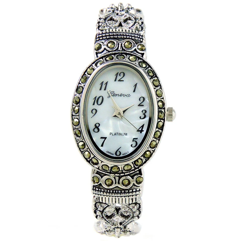 Reloj brazalete brazalete para mujer plateado negro estilo vintage cristal marcasita cara ovalada Foto 2 de 4