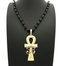 NEW EGYPTIAN ANKH CROSS PENDANT & 30" GLASS BEAD CHAIN HIP HOP NECKLACE - RC2370