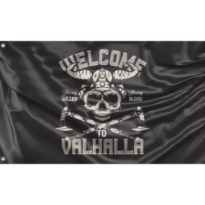Willkommen in Walhalla Wikingerflagge einzigartiges Design, 3x5 Fuß / 90x150 cm Größe, EU hergestellt