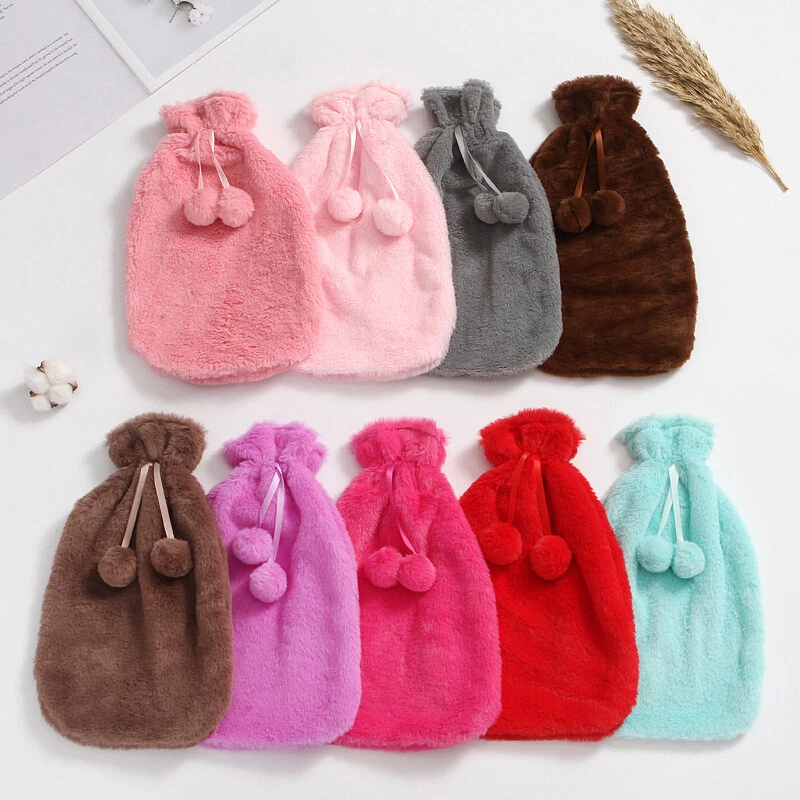 Large 2L Natural Rubber Hot Water Bottle With Warm Faux Fur Fluffy Pom Pom Cover - Image 2 of 4