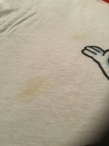 Vintage 80s Trix Rabbit cereal ringer shirt, size M, with faint yellow-spore mark on white fabric.