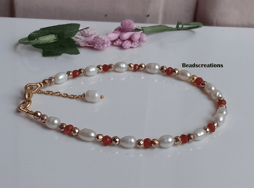 Natural White Pearl and Dark Carnelian Beads Bracelet Gift for  Everyone - Picture 2 of 5