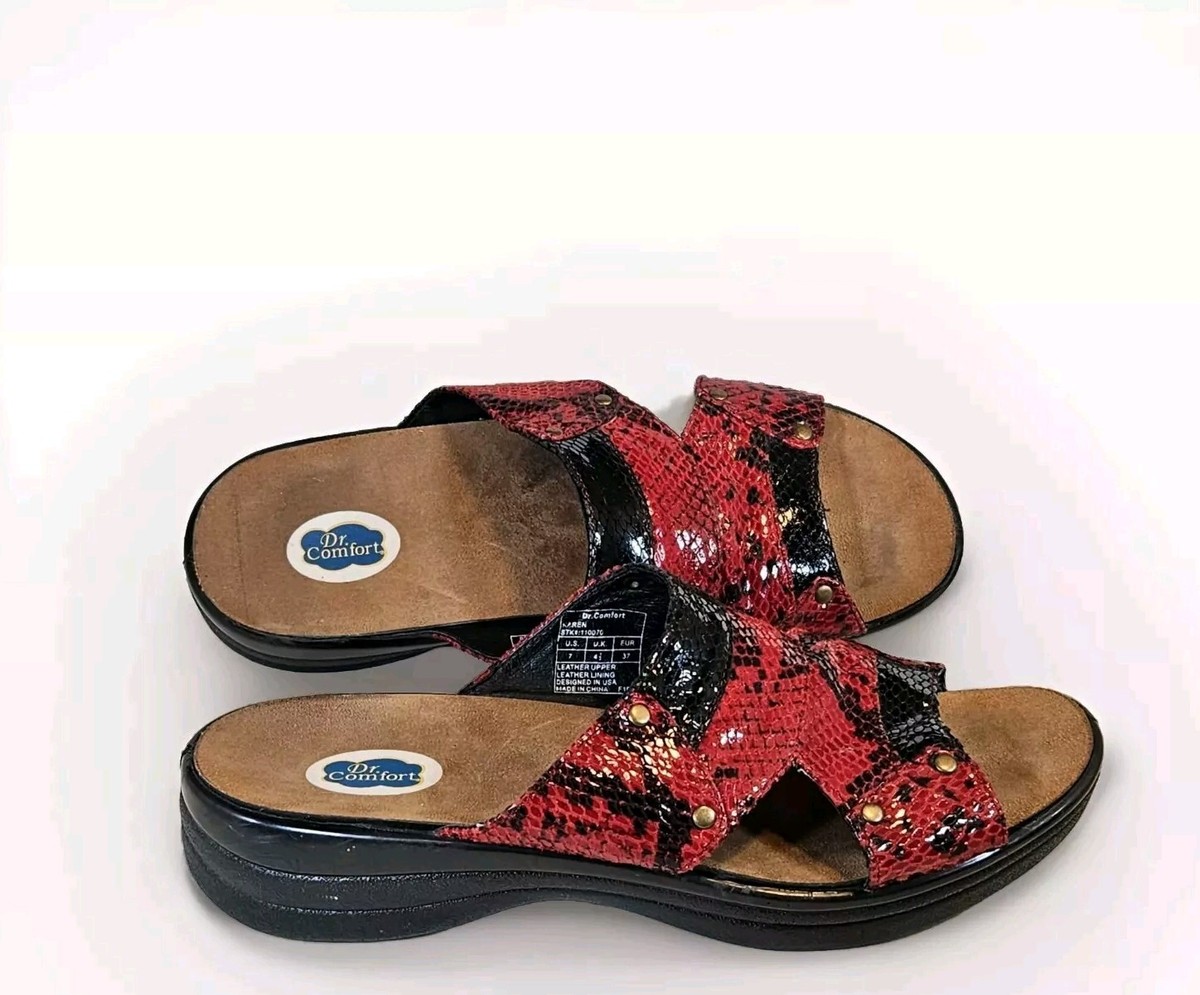 DR COMFORT KAREN SANDALS SZ 7 RED/BLACK LEATHER SNAKESKIN CUTE