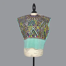 Vintage Huipil Embroidered Top Small Knit Folk Indigenous Green