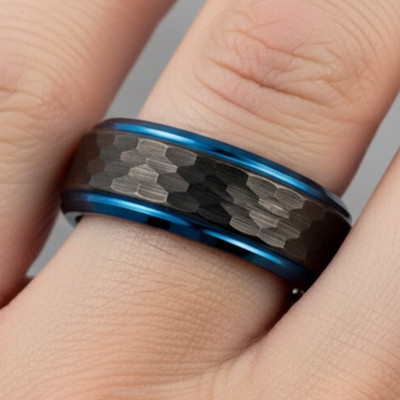 8mm Men s Tungsten Wedding Ring   Black Hammered Center with Blue Step Edges