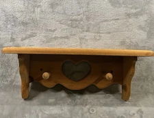 Vtg Solid Wood Wall Shelf With Heart Cut Out 2 Pegs 24”L Country Cottage Core