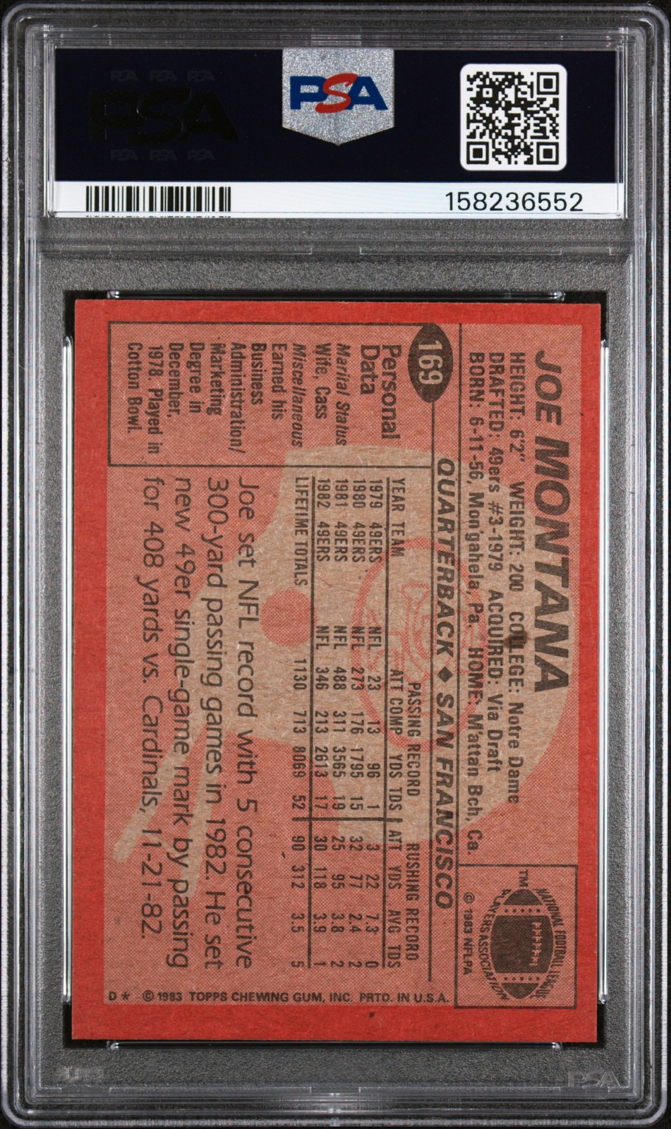 1983 TOPPS #169 JOE MONTANA PSA 7 view 2