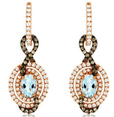 2.42CT WHITE & MOCHA DIAMOND & AAA AQUAMARINE 14KT ROSE GOLD 3D HANGING EARRINGS