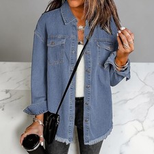 Womens Denim Jacket Oversized Frayed Hem Casual Jean Trucker Coat Blue Size M