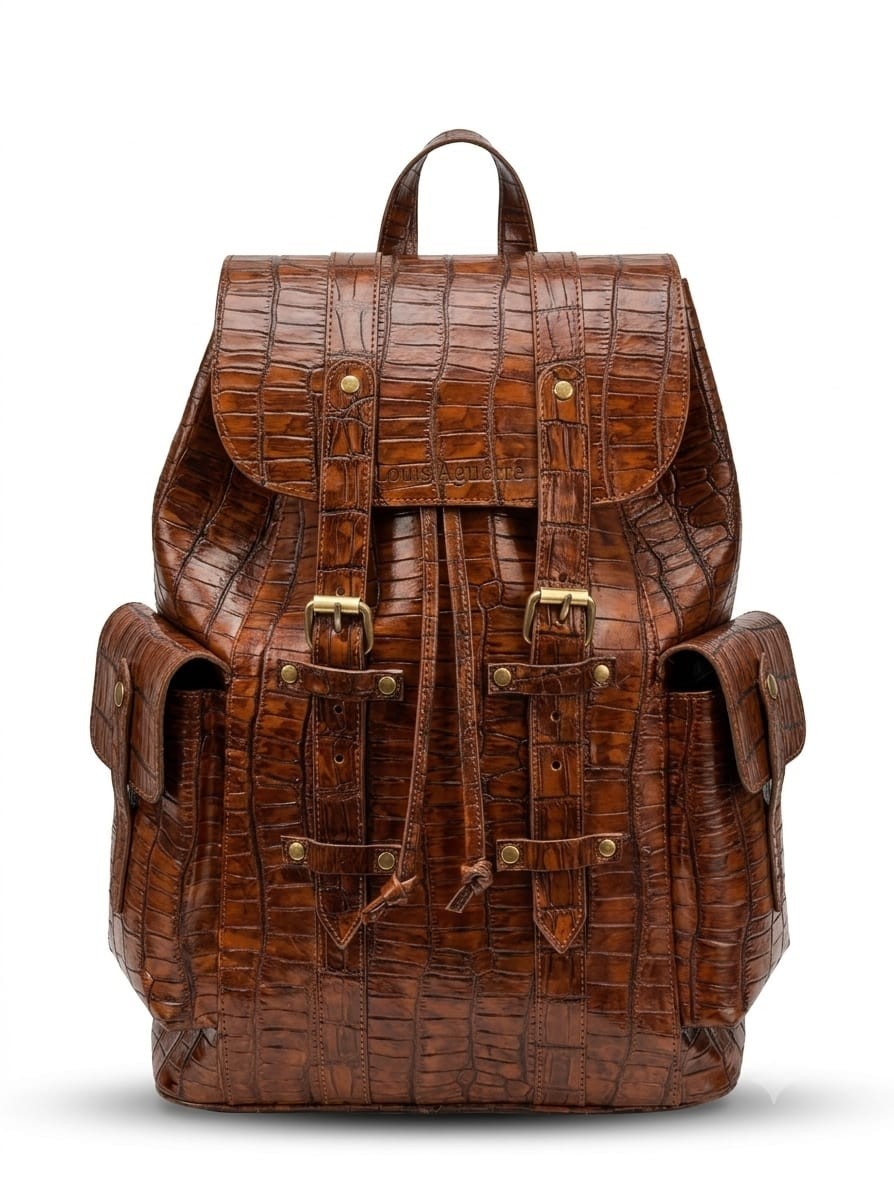 Genuine Leather Crocodile Pattern Backpack Travel Laptop Bag For Men &Amp; Women